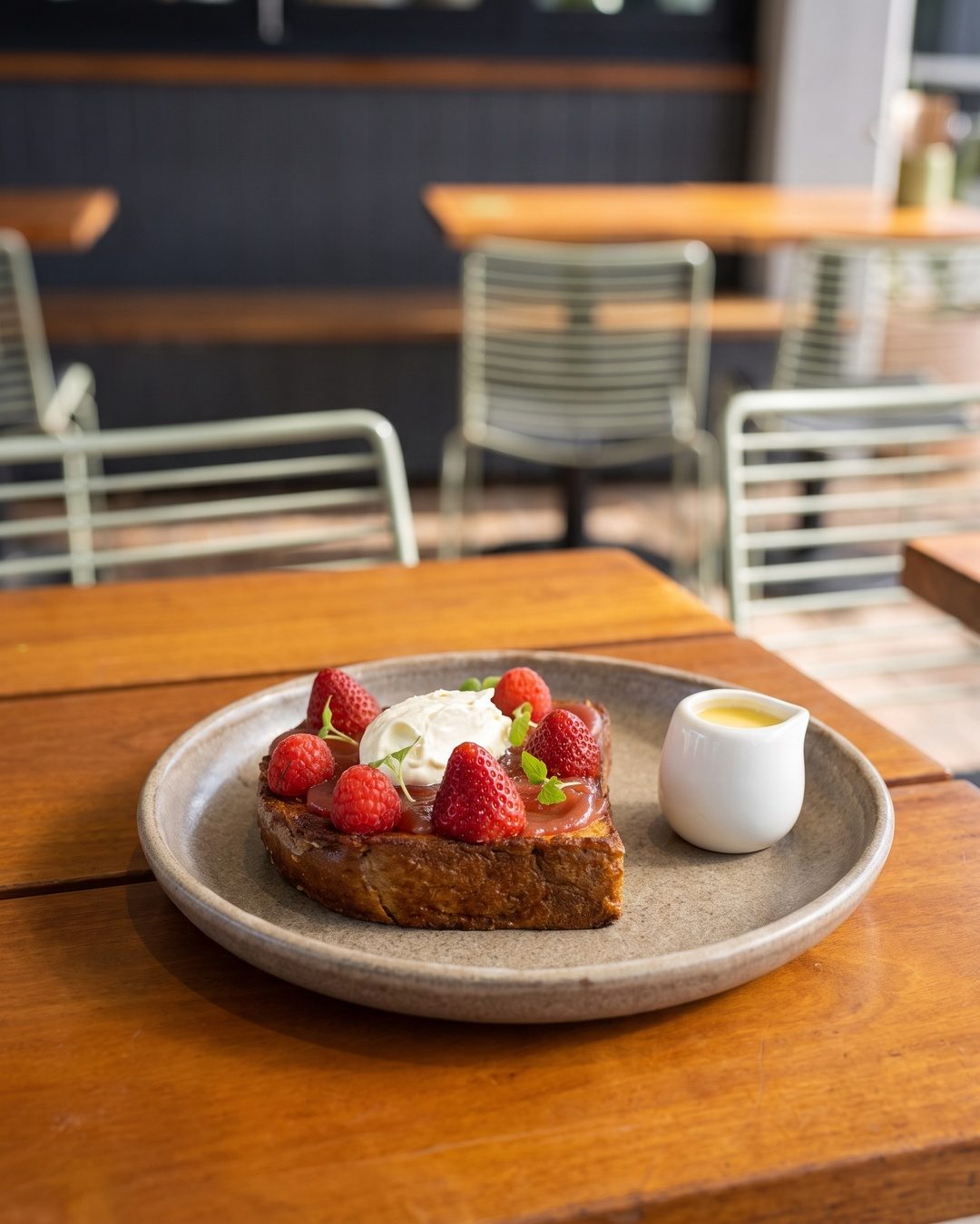 French toast on a table in the Tucker courtyard