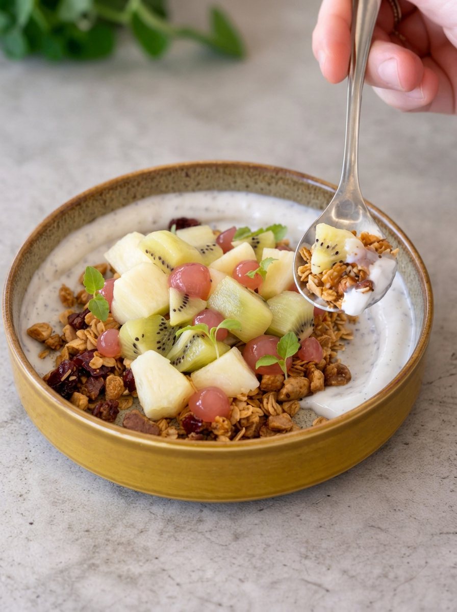 Granola on a timber table in the Tucker courtyard