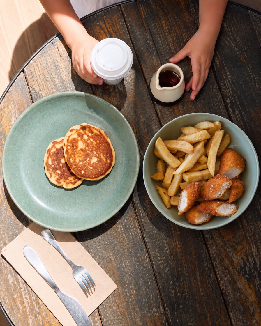 Kids pancakes and chicken bites with chips on a Tucker courtyard table
