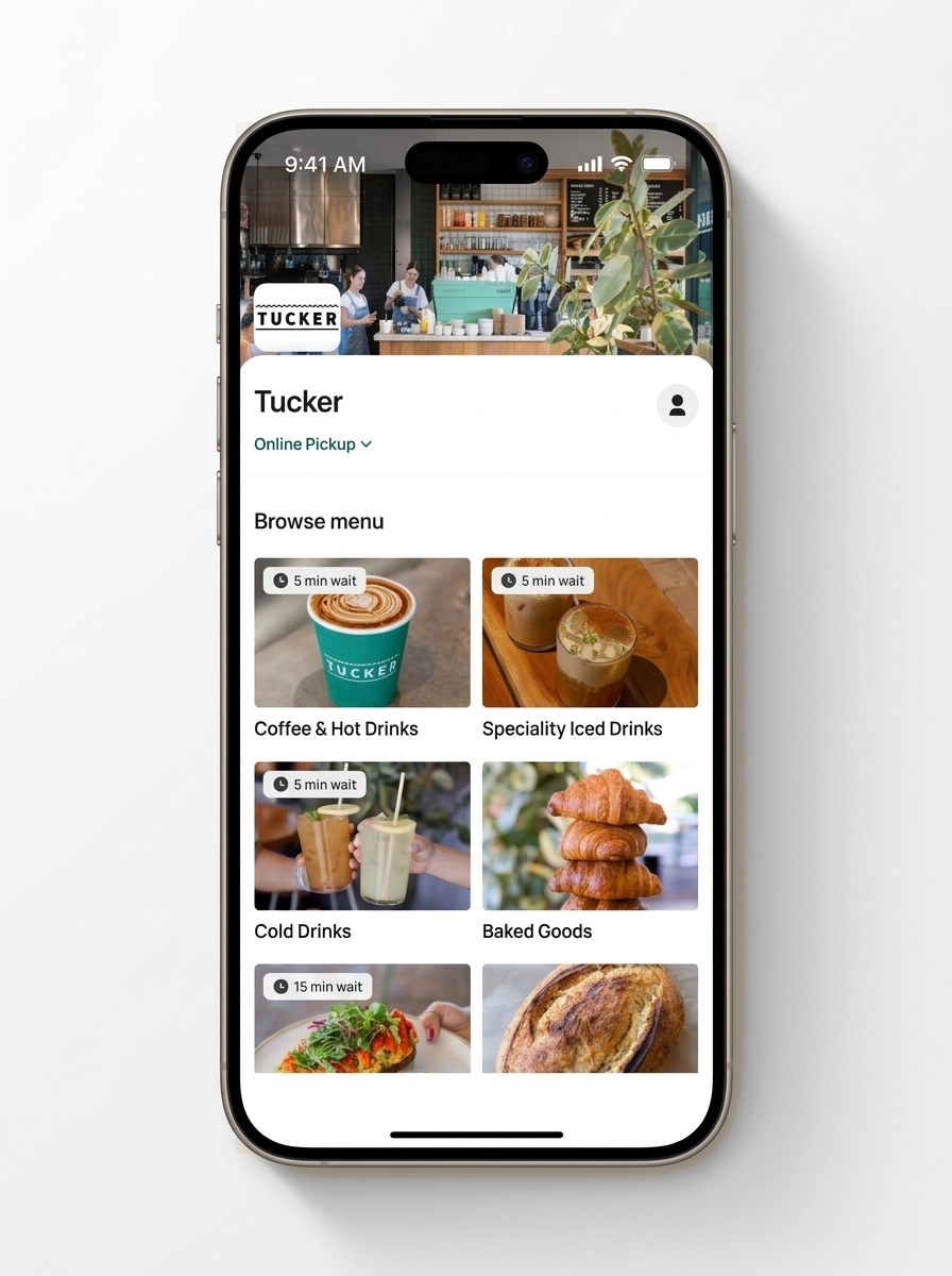 Tucker's online pickup menu on a phone: coffee, iced drinks, cold drinks and baked goods