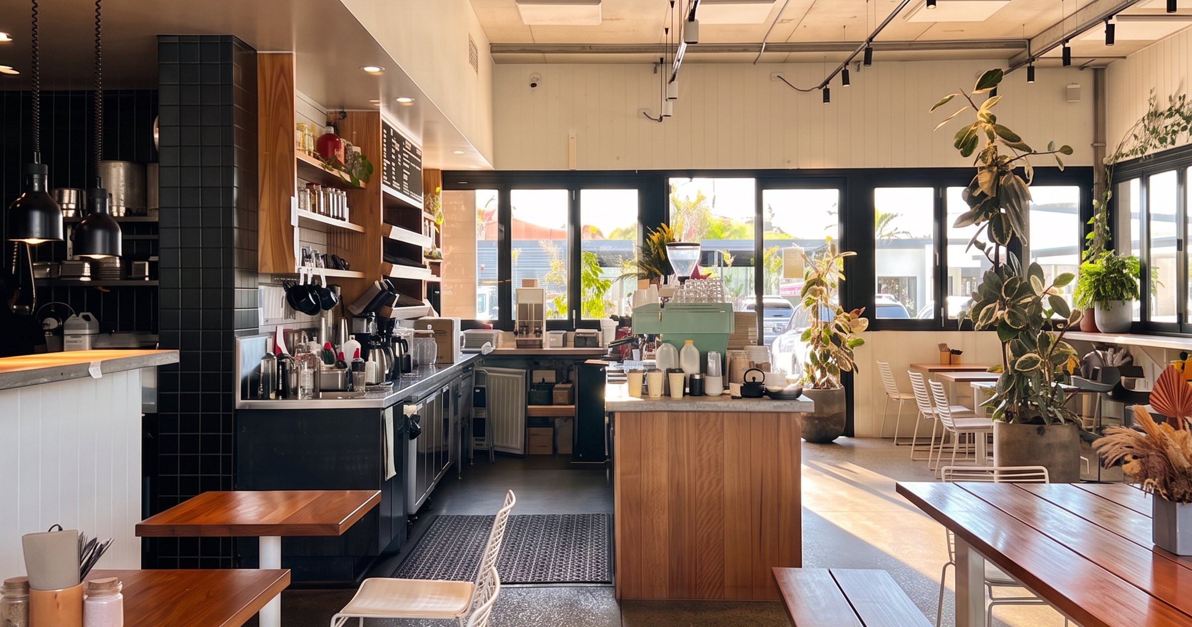 Inside Tucker: long timber tables leading to the counter and the open windows
